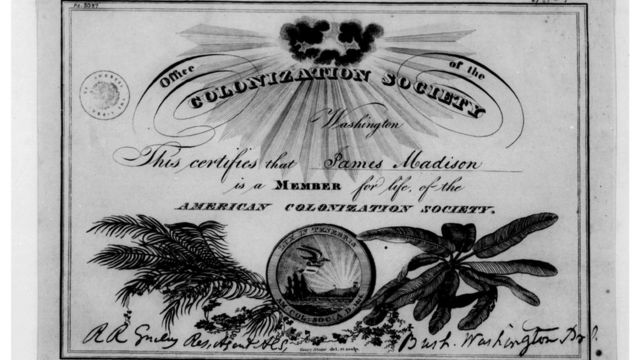 Certificado de filiação à Sociedade Americana de Colonização. A organização foi criada em 1816 e era composta por homens brancos, muitos deles proprietários de escravos