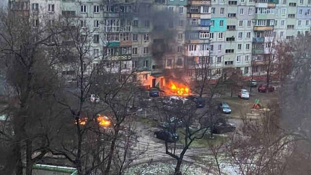 Fire is seen in Mariupol after Russia launched a massive military operation against Ukraine March 3, 2022