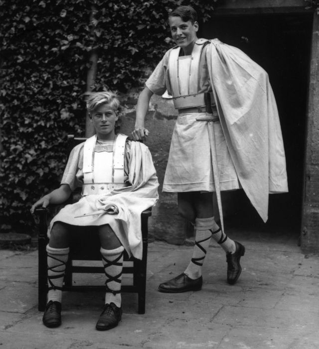 Philip (seated) thrived at Gordonstoun where he enjoyed amateur dramatics