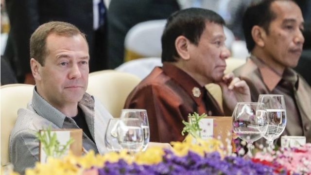 Russia"s Prime Minister Dimitry Metvedev, Philipinnes President Rodrigo Duterte, Indonesia"s President Joko Widodo, during the gala dinner of the Association of Southeast Asian Nations (ASEAN) Summit at the National Convention Center in Vientiane, Laos, 07 September 2016