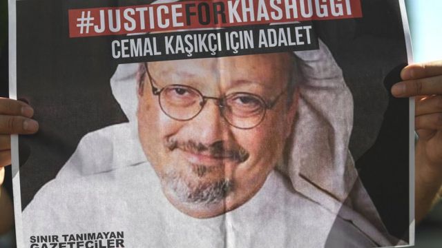 File photo showing a poster demanding "Justice for Khashoggi" at a protest outside the Saudi consulate in Istanbul, Turkey, on 2 October 2020