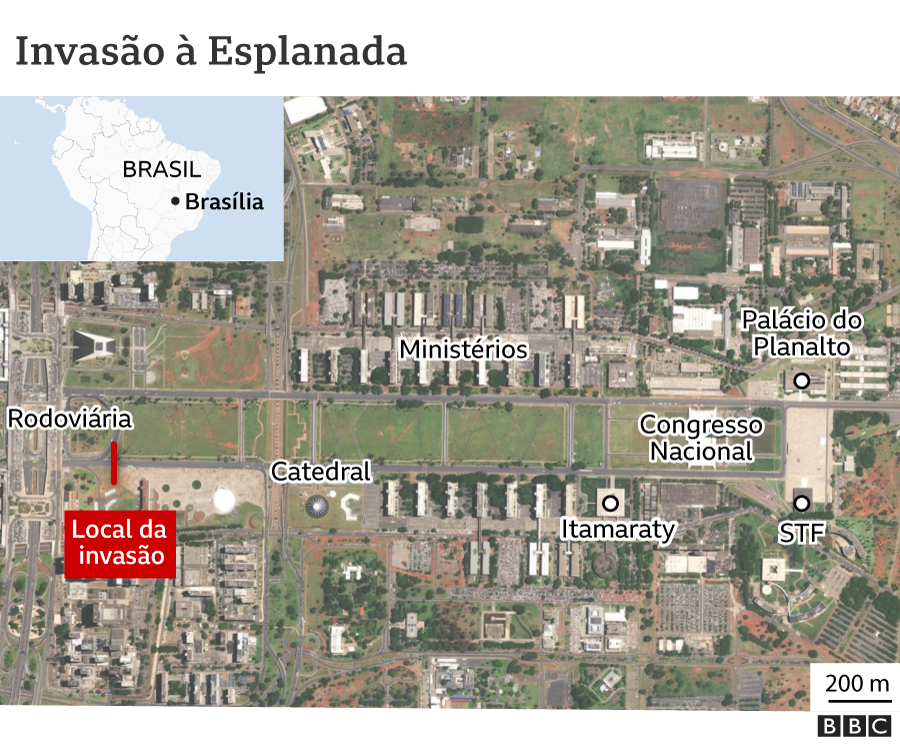 Mapa mostra prédios importantes na Esplanada dos Ministérios em Brasília e local em que manifestantes romperam as barreiras da polícia na manifestação do da 7 de setembro de 2021
