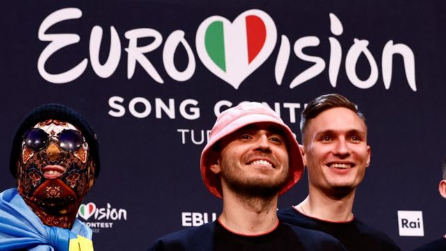 Kalush Orchestra from Ukraine pose after winning the 2022 Eurovision Song Contest in Turin