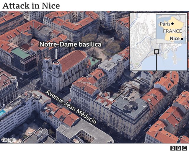 Map showing the location of the attack in Nice