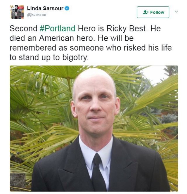 「ポートランドの2人目の英雄はリッキー・ベスト。アメリカの英雄として亡くなった。命をかけて偏見に立ち向かった人として記憶される」と書かれたツイート