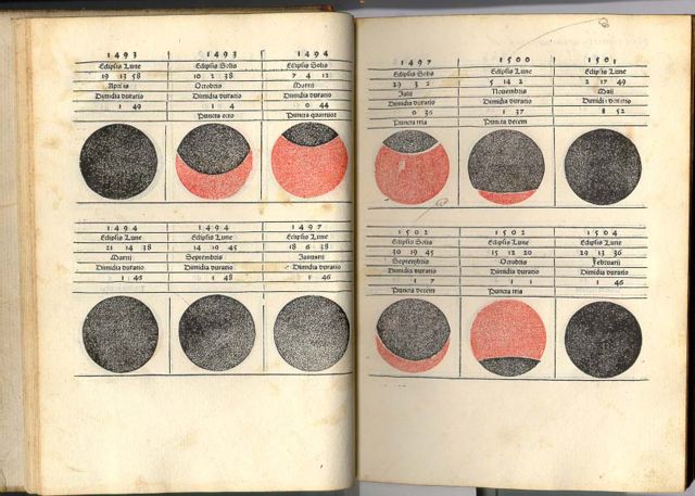 Estas duas páginas do almanaque Regiomontano descrevem os eclipses do Sol e da Lua. No canto inferior direito está marcado o eclipse lunar de 29 de fevereiro de 1504 usado por Cristóvão Colombo