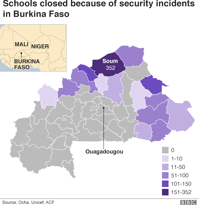 Graphic showing schools closed because of security incidents in Burkina Faso