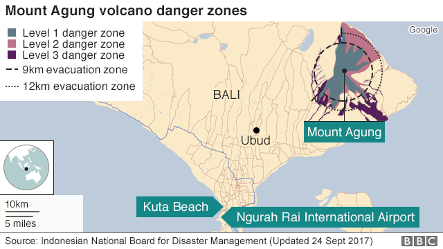 Map showing Mount Agung volcano danger zones
