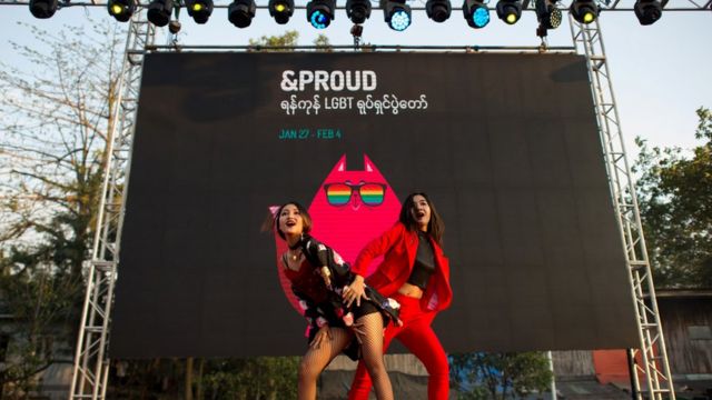 This photo taken on January 28, 2018 shows performers on stage during the '&Proud' LGBT festival' in Yangon