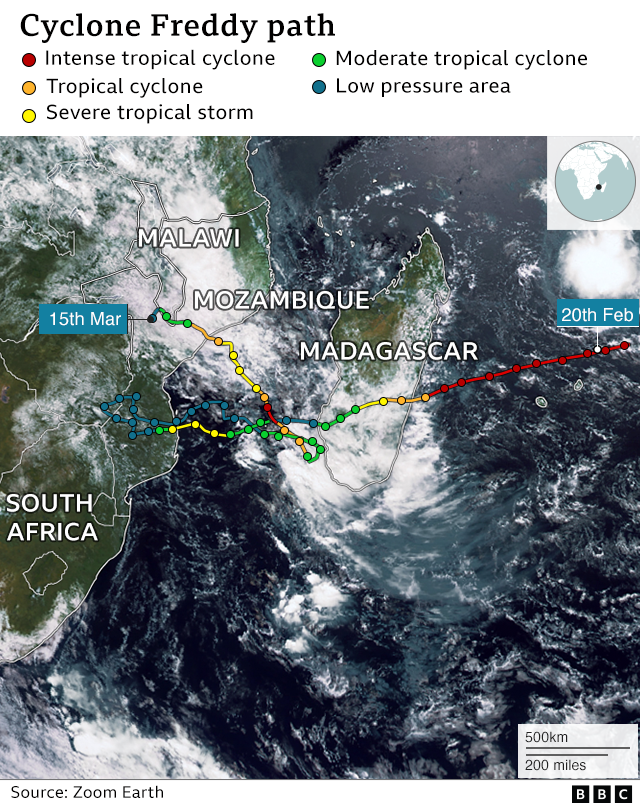 خريطة توضح مسار إعصار فريدي