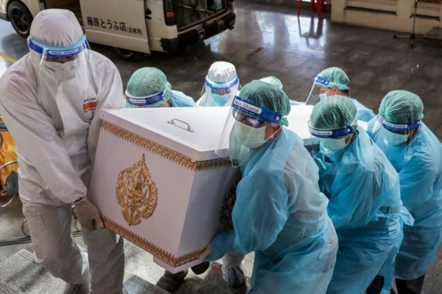 เจ้าหน้าที่ขนโลงศพของผู้ป่วยโควิดที่เสียชีวิตขึ้นเมรุเผาศพ