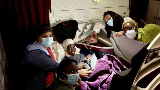 The mother was brought to sit in business class after giving birth