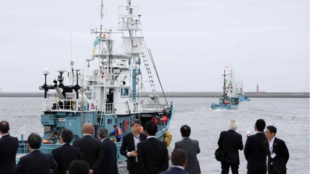 Whaling ship departs from a port in Kushiro, Japan (1 July 2019)