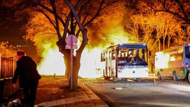 Turkish army service buses burn after an explosion