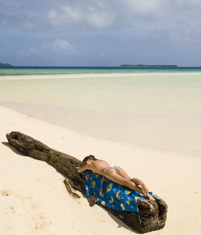 Mujer durmiendo sobre tronco