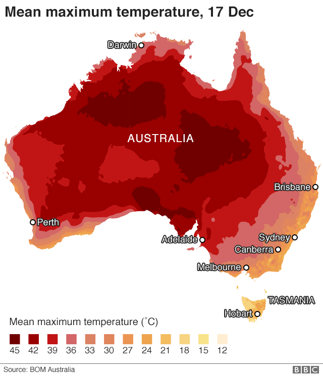 Mean maximum temperatures across Australia, 17 Dec