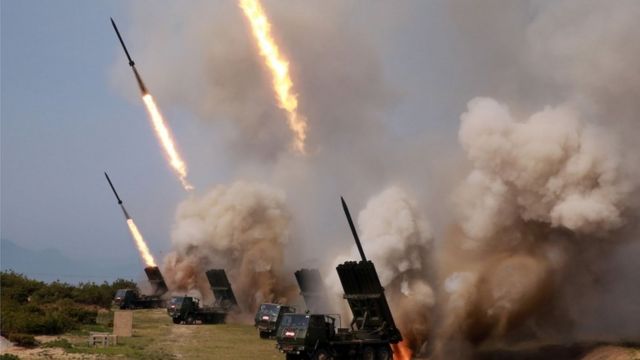 Rocket launchers firing in North Korea, 4 May 2019