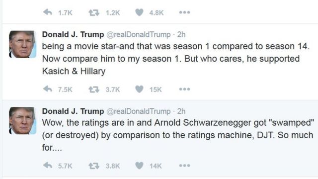 Le président élu des Etats-Unis a raillé les premières audiences de Schwarzenegger "en comparaison à la machine à audimat" Trump.