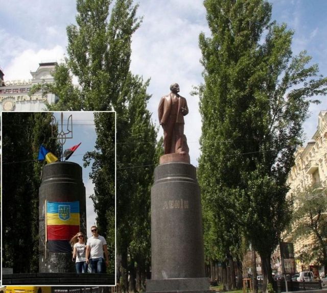 Tượng đài lenin tại trung tâm thủ đô Kiev (Ukraine) và sau khi bị giật đổ trong phong trào Maidan 2014. Giờ chỉ còn phần bệ (ảnh nhỏ)