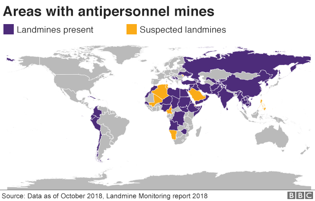 A map of the world showing countries with anti-personnel mines
