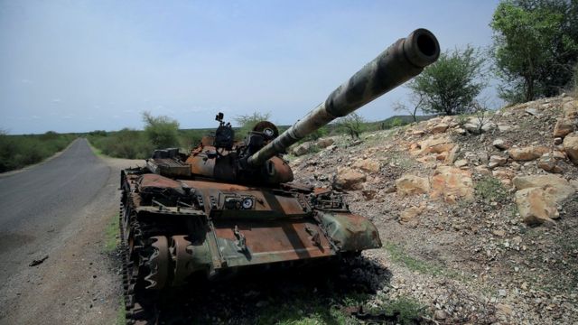 A wrecked tank in the conflict in Tigray