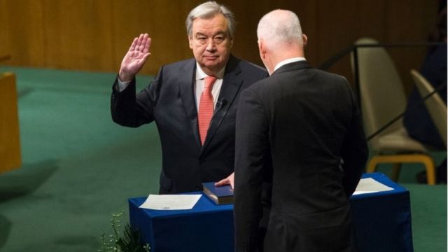 انطونيو غوتيريش يؤدي القسم الخاص بالأمين العام للأمم المتحدة في 12 ديسمبر/ كانون الأول