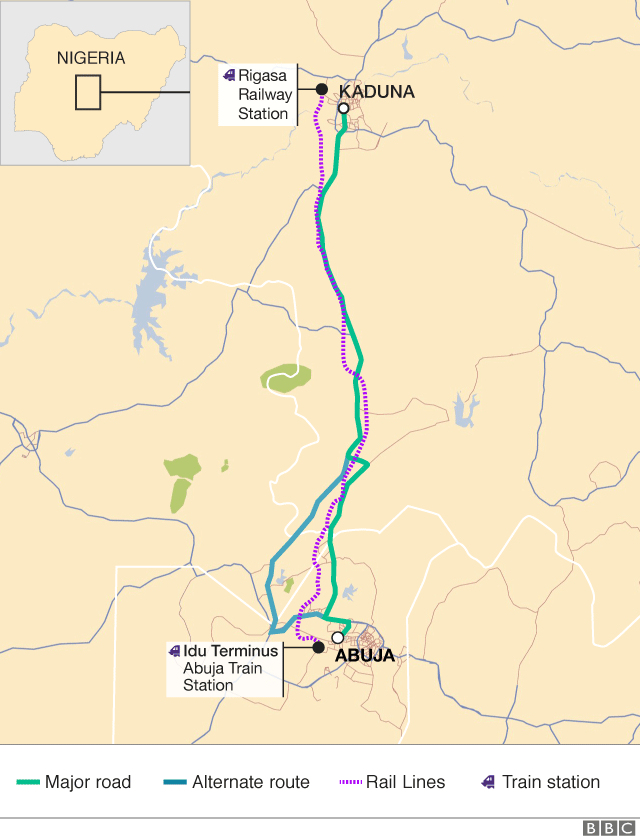 Map of routes between Abuja and Kaduna