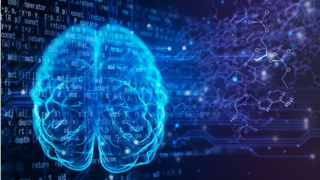 Cérebro na estrutura molecular com circuitos e código de programação ao fundo