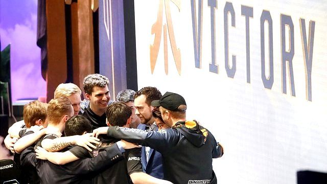 Fnatic on stage after the 2018 World Championship semi-final