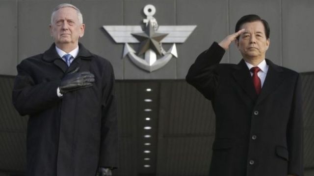Umushikiranganji wo kwivuna abansi wa Amerika James Mattis na mugenzi we wa Korea ya ruguru Han Min-koo.