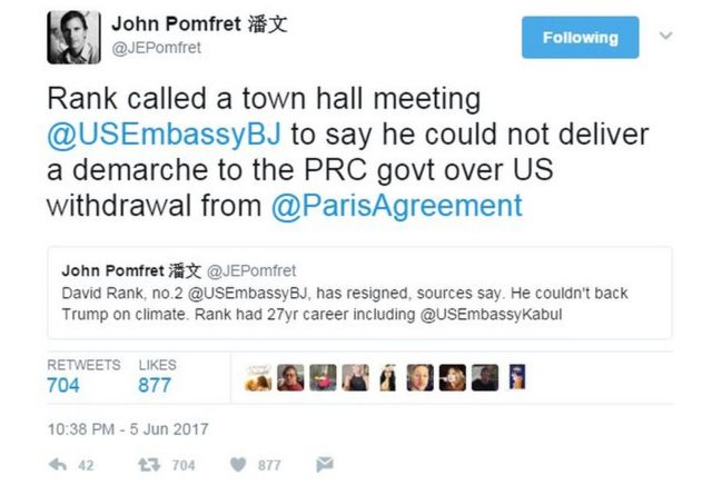 Tweet by John Pomfret saying: "Rank called a town hall meeting @USEmbassyBJ to say he could not deliver a demarche to the PRC govt over US withdrawal from @ParisAgreement"