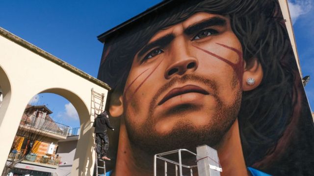 A mural of Maradona in the Italian city of Naples, where he is honored as a saint