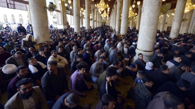 A crowded mosque in Tehran during Friday prayers in March