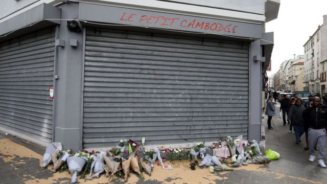 Tributes left outside Le Petit Cambodge, Paris,, following attacks on 13 November 2015