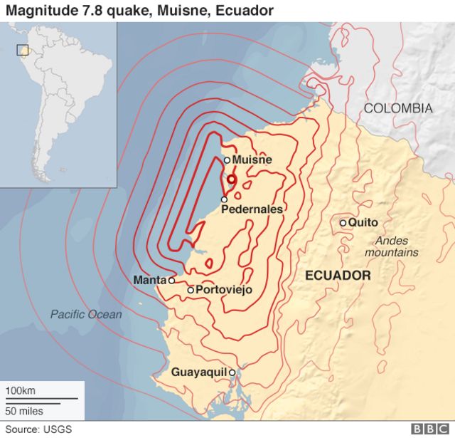 エクアドル・ムイスネ近郊を震源にM7.8の地震が起きた