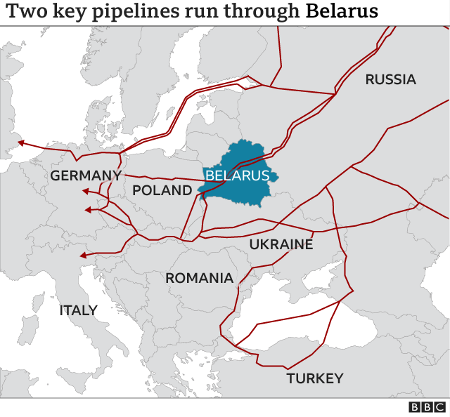 Карта с указанием трубопроводов через Беларусь