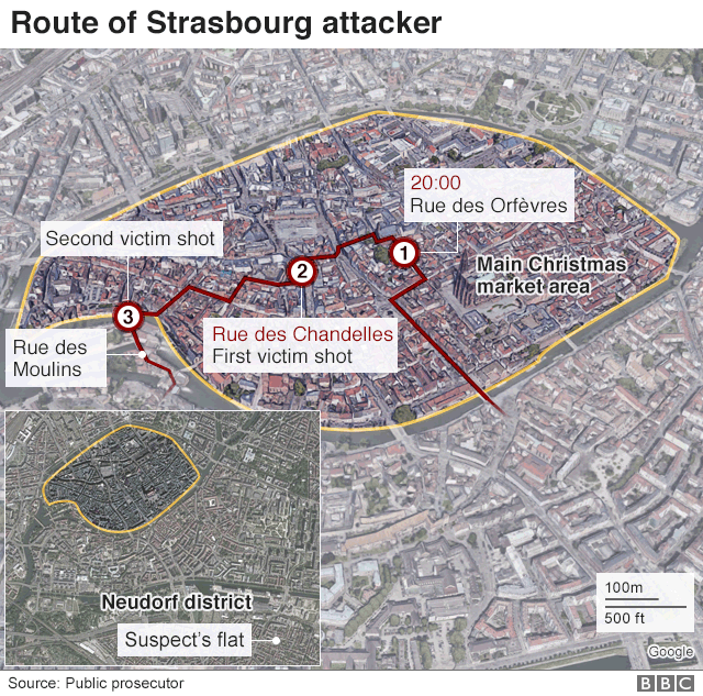 Route of Strasbourg attacker map