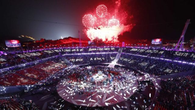 Fireworks explode during the closing ceremony, Pyeongchang Olympic Stadium