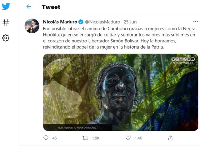 Mensaje en Twitter del presidente de Venezuela Nicolás Maduro