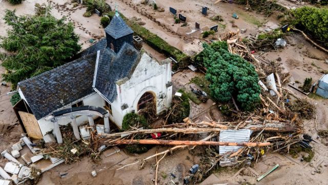 An aerial view taken with a drone shows a cemetery after flooding in Bad Neuenahr-Ahrweiler, Germany, 16 July 2021.