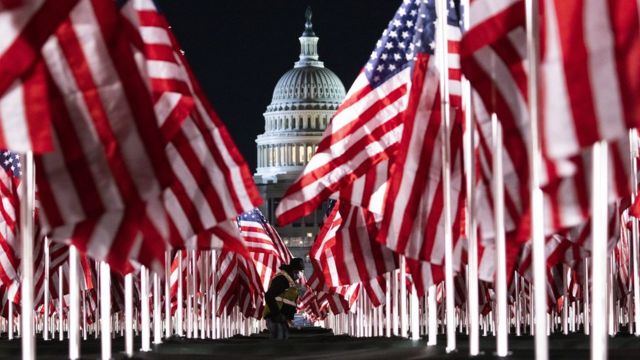 American flags in front of the Capitol