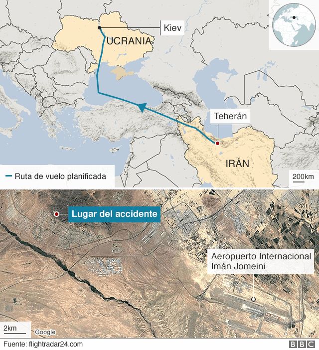Mapa de la ruta del avión Boeing 737 de Ukraine International estrellado en Irán