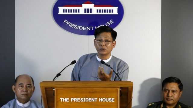 Zaw Htay (C), speaker of president office talks during a press conference on situation in northern Rakhine State, at president house in Naypyitaw, Myanmar, 16 November 2016