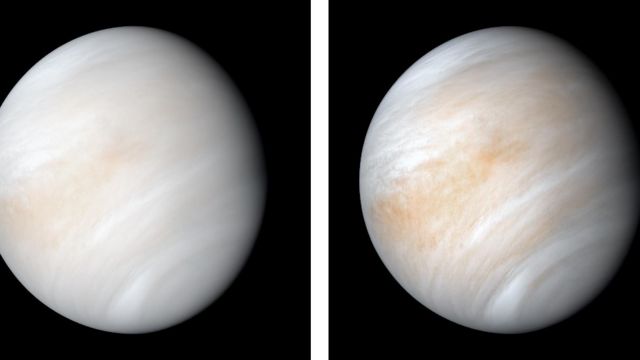 Dos imágenes de Venus envuelta en nubes blanquecinas y amarillentas