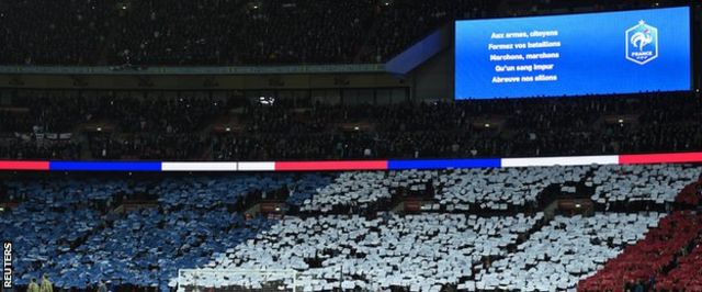 England fans with a mural and the words of the French anthem