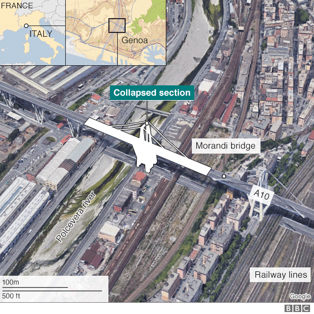 Map showing location of bridge collapse