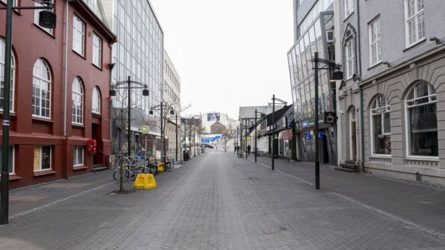 Austurstraeti street in downtown Reykjavik, Iceland on April 3, 2020.