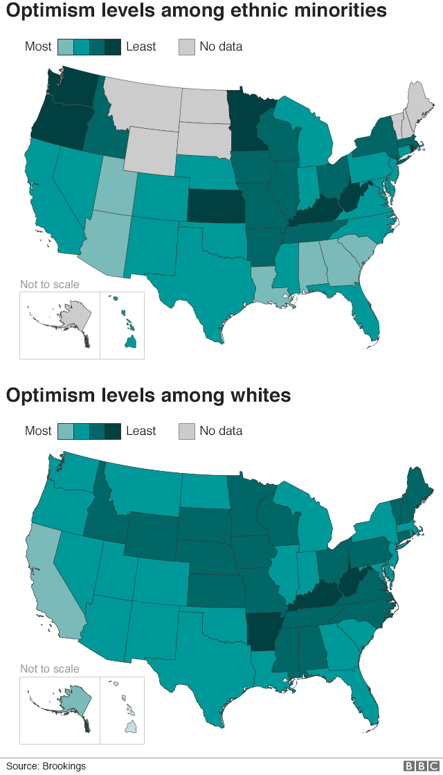 Map showing levels of optimism for white and ethnic minority people across the US