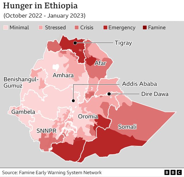 Map of Ethiopia showing areas worst affected by hunger