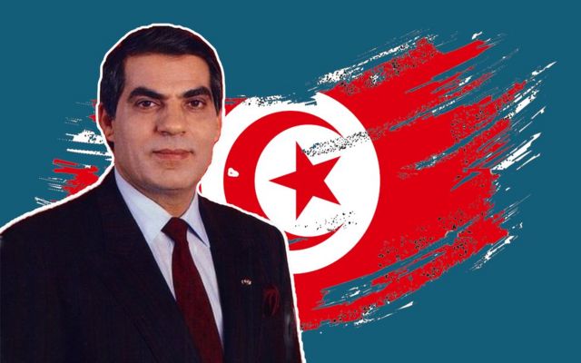 Image of Zine al-Abidine Ben Ali over a treated flag of Tunisia